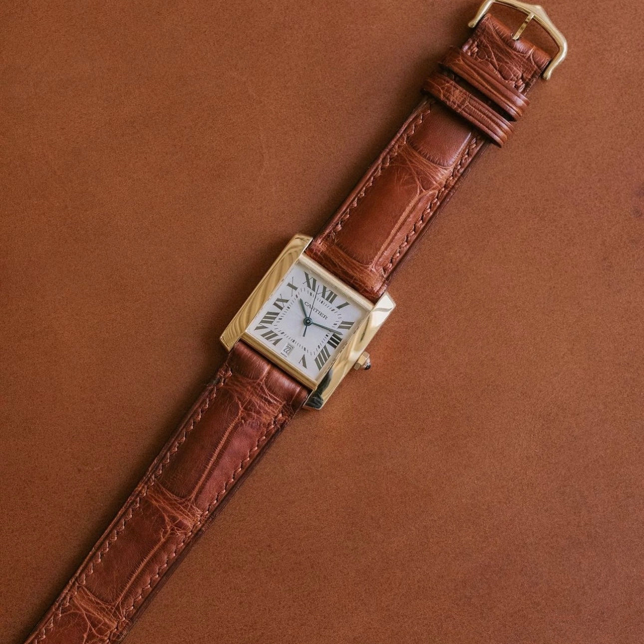 Cartier Tank Anglaise style watch strap in Black Lizard leather